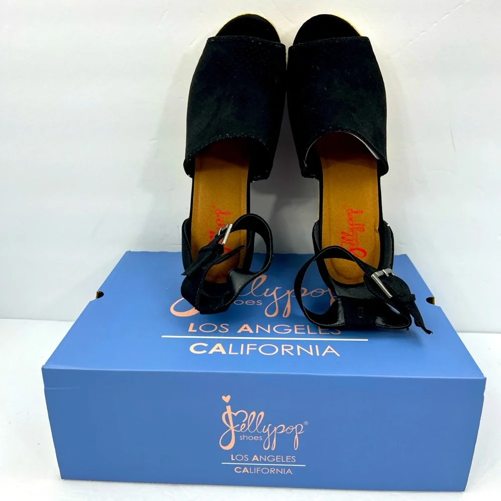 JELLYPOP, RAVISHING BLACK ESPADRILLE, PEEP TOE, WEDGES ADJUSTABLE ANKLE LOOP,10M - Picture 6 of 16